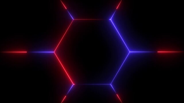 Neon hexagon frame with pulsing red and blue light lines abstract background geometric