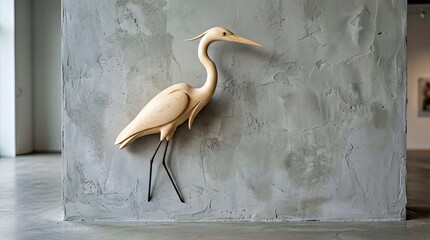 Obraz premium Wooden Crane Sculpture on Grey Concrete Wall
