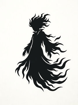 Black silhouette of a spooky ghost floating in a mysterious dark style