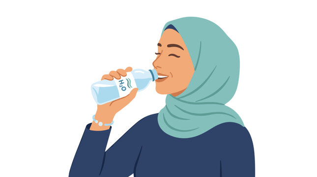 Refreshing Hydration: A woman wearing a hijab takes a refreshing drink from a bottle of water, her eyes closed in contentment and a gentle smile on her face.