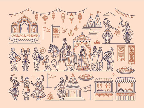 Traditional Indian wedding festival line art illustration
