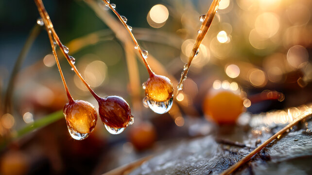 Morning dew on seed pods, golden light and bokeh magic