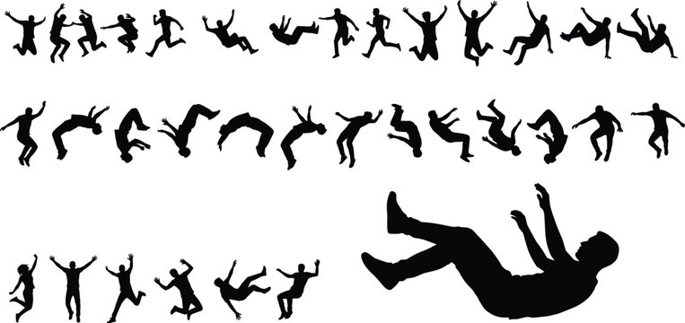 Active people jumping running and falling down silhouettes vector illustration set for commercial design