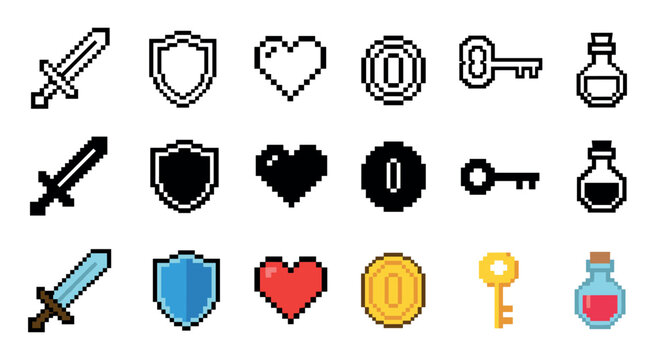 Pixel art game items including sword, shield, heart, coin, key, and potion icons presented in outline, solid, and colored styles for retro video game design.