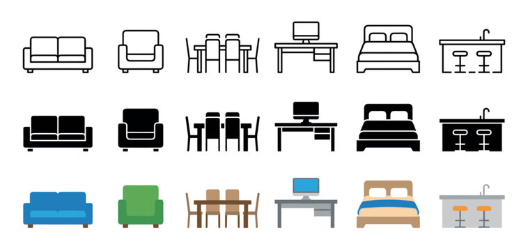 Home furniture icons set featuring essential household items like sofa, armchair, dining table, desk, bed, and bar counter in three distinct styles.