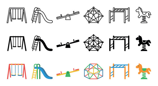 Playground equipment icons set showing various children's park elements like swings, slides, and monkey bars in outline, solid, and colorful styles.