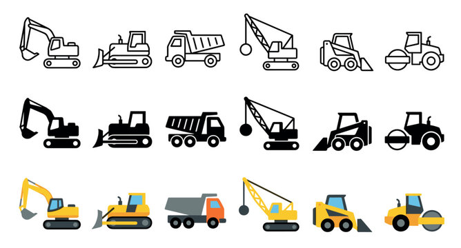 Heavy machinery construction vehicles icon set featuring various equipment in outline, solid, and flat design styles for industrial projects.