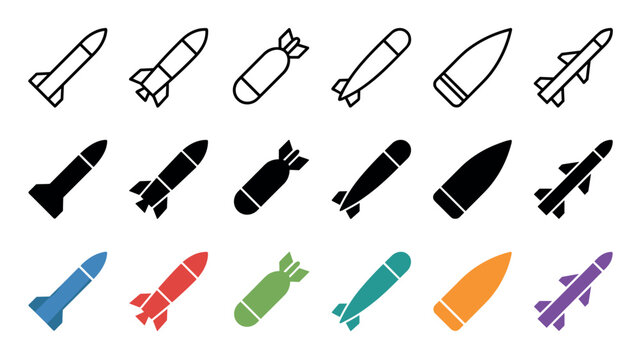 Missiles rockets bombs projectiles icons set featuring diverse designs and vibrant colors representing military, warfare, and defense concepts.