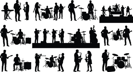 Live band musicians and singers silhouettes performing on stage with musical instruments vector set © MDMizanur