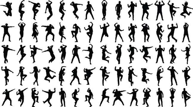 Large collection of crowd people silhouettes dancing celebrating and jumping vector set isolated on white