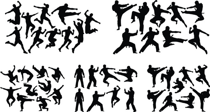 Martial arts fighters silhouettes collection vector set of karate kung fu and taekwondo combat poses