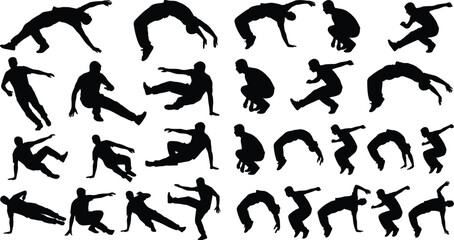 Obraz premium Parkour and acrobatics athletes silhouettes collection vector set with backflip and breakdance action poses