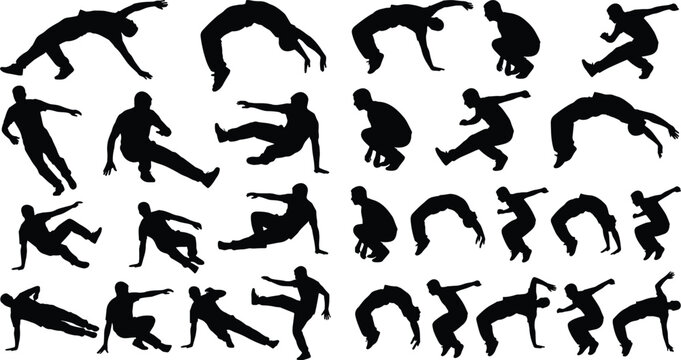 Parkour and acrobatics athletes silhouettes collection vector set with backflip and breakdance action poses