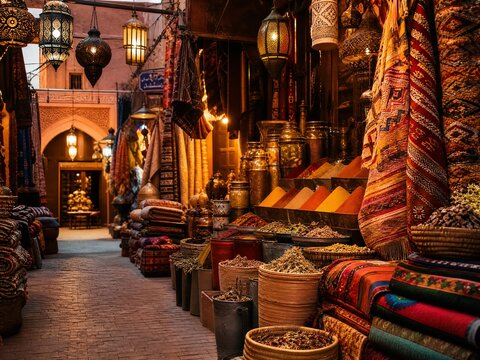 Traditional moroccan market with colorful spices and textiles in marrakech.