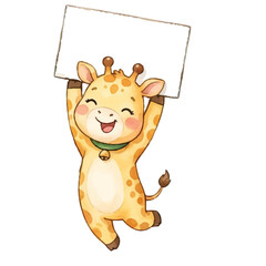 Obraz premium Funny cartoon girraffe holding a blank sign with a happy smile