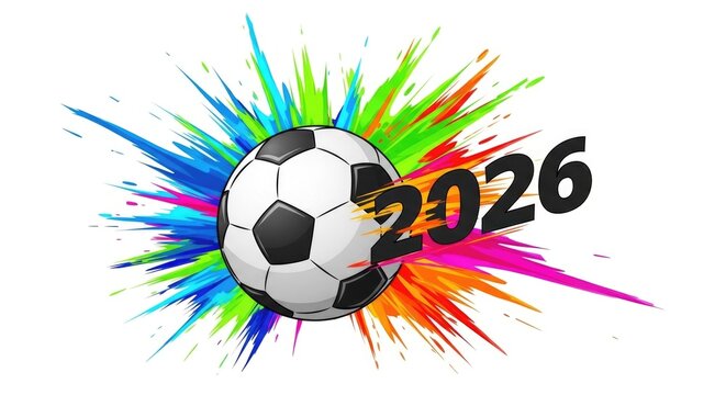 Colorful soccer ball explosion with 2026 text
