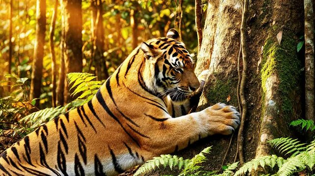 Majestic Sumatran Tiger Rubbing Its Cheek Against Tree Trunk In Sunlit Rainforest With Ferns