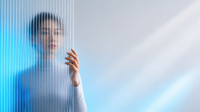 Young woman behind translucent blue glass panel with copy space, modern identity concept, privacy, self discovery, digital transformation, personal growth, contemporary portrait in minimalist environm
