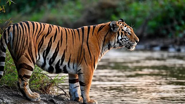 Majestic Sumatran Tiger Stands Alert Beside River in Lush Jungle Environment During Golden Hour Lighting