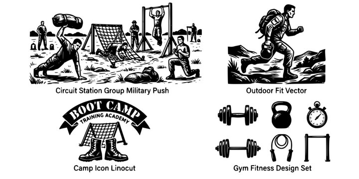 Boot Camp Training Linocut Black White-Circuit Station Group Military Push-Outdoor Fit Vector-Camp Icon Linocut-Gym Fitness Design Set