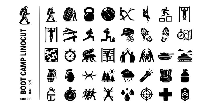 Boot Camp Training Linocut Black White-Circuit Station Group Military Push-Outdoor Fit Vector-Camp Icon Linocut-Gym Fitness Design Set