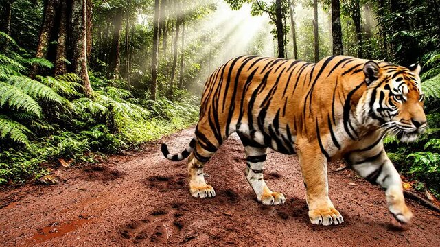 Majestic Sumatran Tiger Walking Along a Lush Forest Path Illuminated by Sun Rays Surrounded by Green Ferns in Its Natural Habitat