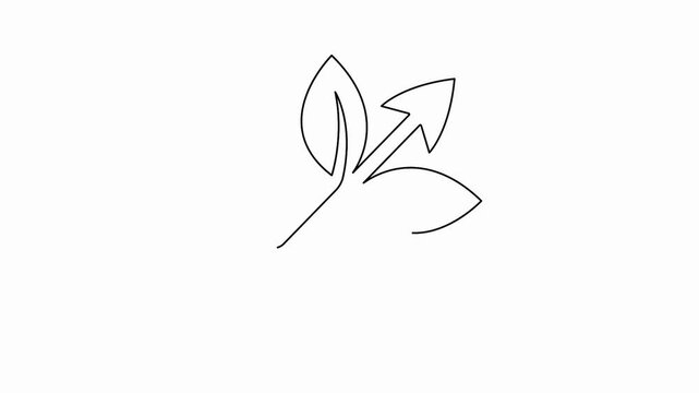 Leaf and arrow outline icon animation drawn in a single line art style on white background
