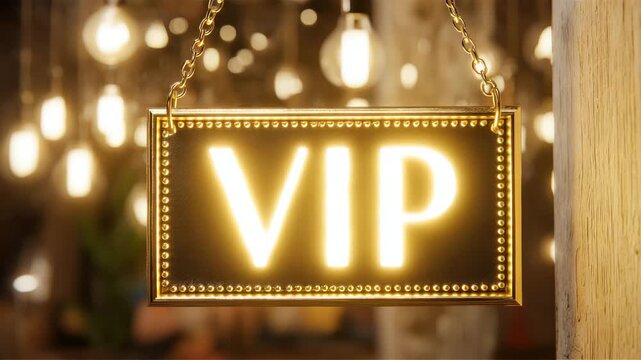 hanging golden vip sign on decorated background with lights animation