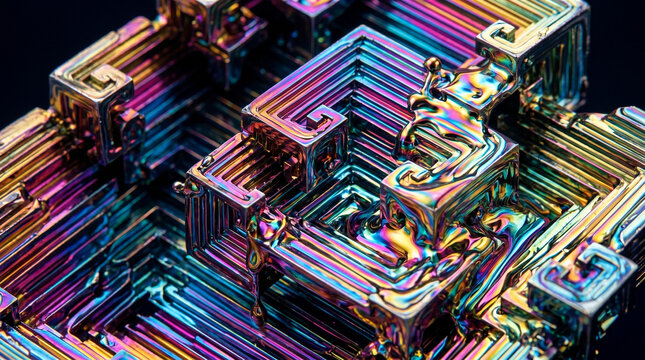 Extreme macro photography of a geometric iridescent bismuth crystal
