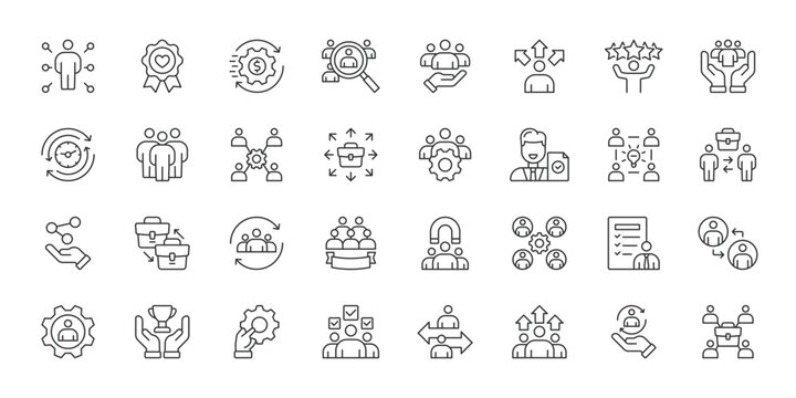 Employee Retention icons in line design. employee retention, loyalty, workplace, benefits, engagement, satisfaction, HR on white background vector. Employee Retention editable stroke icons.