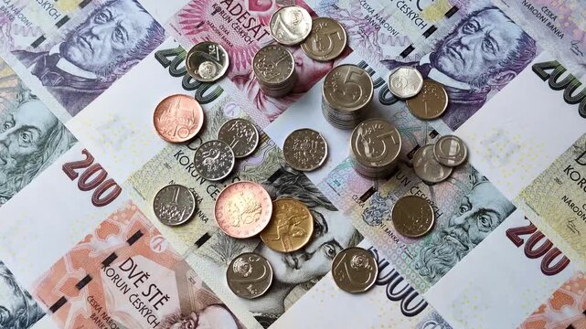 Czech paper money, koruna or crown, in various denominations for financial exchange and settlements. Czech koruna as a financial background for your design