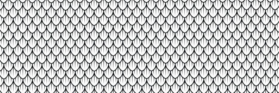 Dragon snake reptile fish mermiad scale seamless pattern tile. Dinosaur skin seamless pattern. Vector black line background. vector