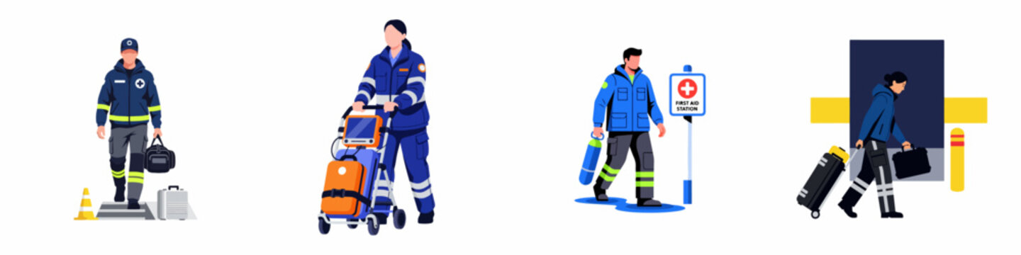 Flat vector illustrations of emergency medical personnel, paramedics, and first responders with medical equipment in various rescue and healthcare scenarios.