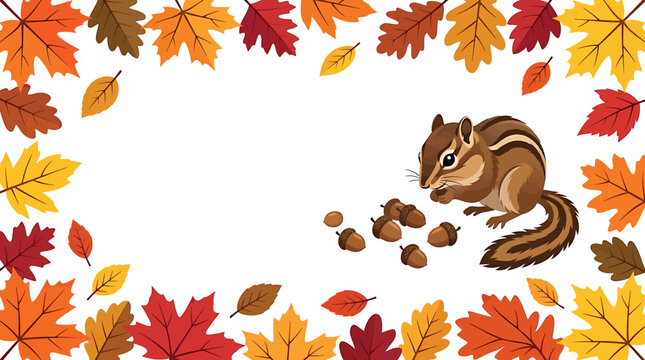 Cute chipmunk eating acorns surrounded by a frame of colorful autumn leaves isolated on white background