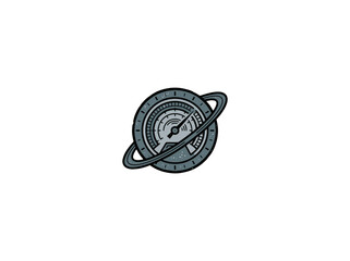 Circular Atmospheric Data Badge Emblem Featuring A Planet Ring, Speedometer Gauge And Teal Accents Rendered In A Retro Sci‑Fi Style Vector Illustration © bobo