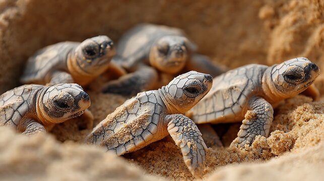 Group of cute newborn sea turtle hatchlings emerging from sand nest on beach.