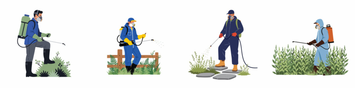 Set of professional pest control workers in protective suits and masks spraying pesticides on plants, bushes, and gardens with backpack sprayers.