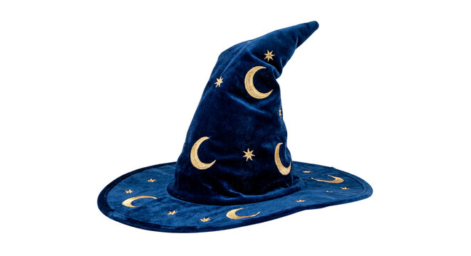 Blue Velvet Wizard Hat With Gold Moon And Star Embroidery Isolated On White Background