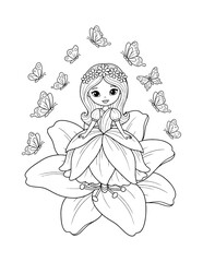 Fototapeta premium Cute Flower Princess Sitting on a Giant Flower Coloring Page for Kids. Simple Fairy Tale Princess Outline Illustration for Children.