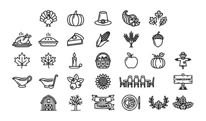 Thanksgiving Outline Icon Set with Turkey Pumpkin Harvest and Autumn Celebration Symbols © Lipon