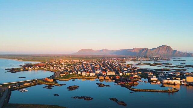 Aerial view of Andenes village and coastline in And&oslash;ya, Northern Norway