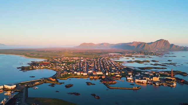 Aerial view of Andenes village and coastline in And&oslash;ya, Northern Norway