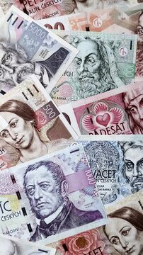 Czech paper money, koruna or crown, in various denominations for financial exchange and settlements. Czech koruna as a financial background for your design