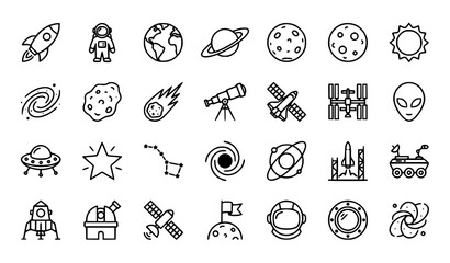 Space Outline Icon Set with Astronaut Rocket Planet and Astronomy Symbols Vector Illustration © Lipon