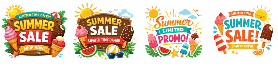 Fototapeta premium Summer sale banner vector. Summer theme. Vector, illustration, minimalist, flat, icon, icon set