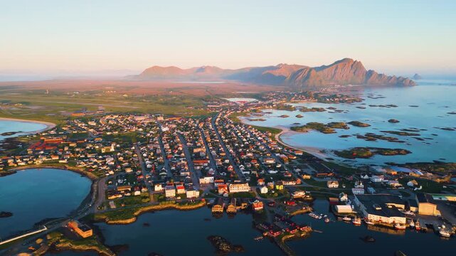 Aerial view of Andenes village and coastline in And&oslash;ya, Northern Norway