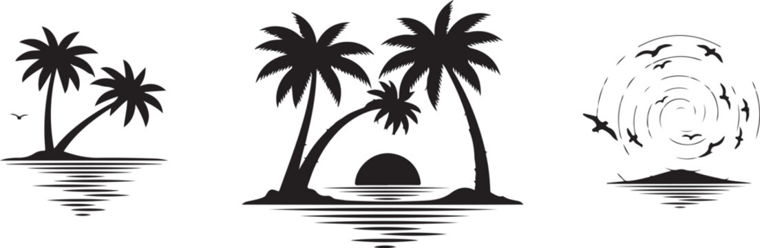Palm tree silhouettes against sunset sky and ocean waves with a smiling sun face