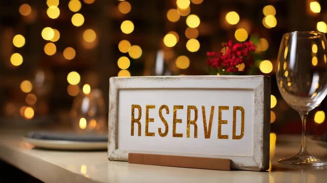 reserved sign on a table in a bar decorated with lights animation