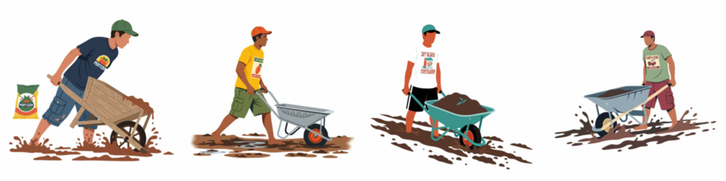 Illustrations of men pushing wheelbarrows through mud, carrying dirt and fertilizer in a flat design style.