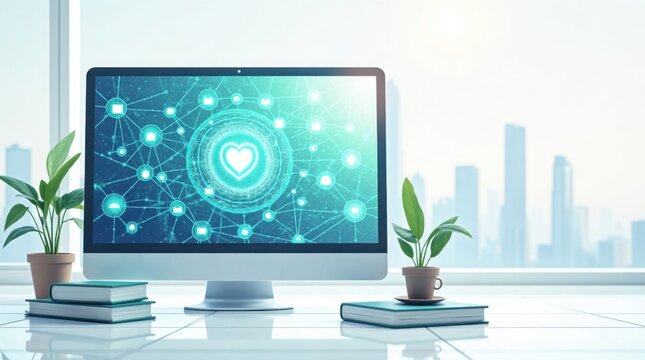 Pantalla de computadora moderna que muestra una vasta y organizada red de recursos de informaci&oacute;n interconectados
